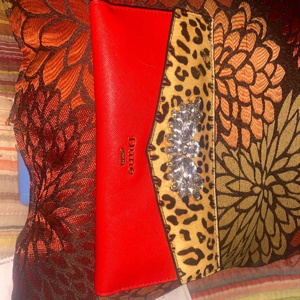 Dune London red cheetah fuzzy wallet